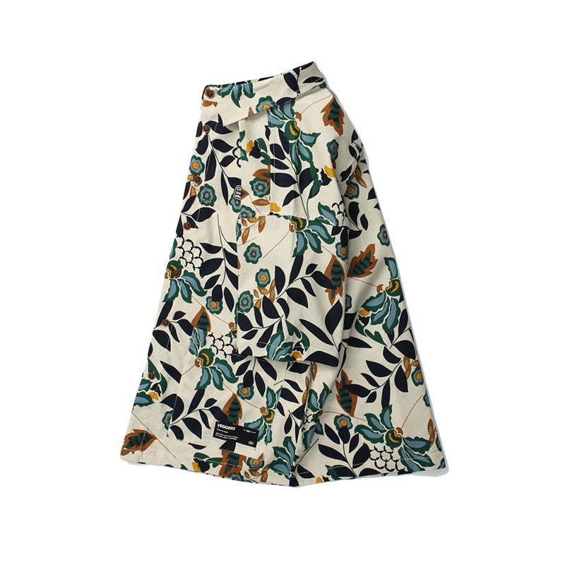 Retro leaf print aloha short-sleeved shirt