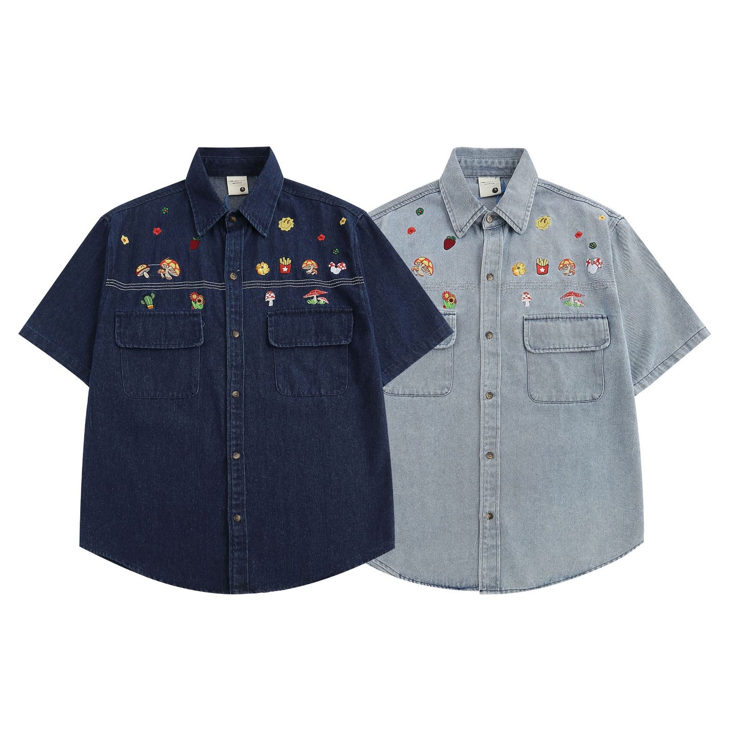 Distressed wash embroidered retro denim short sleeve shirt
