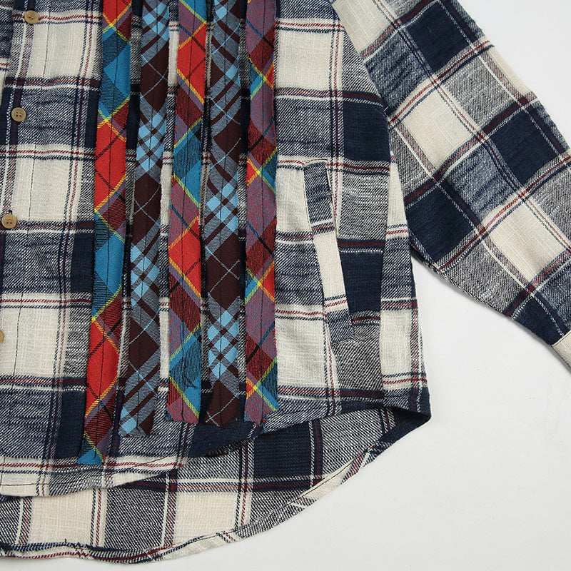 Reconstructed two-piece vintage check pattern combination shirt