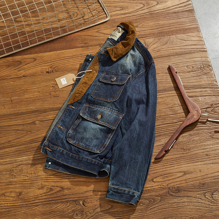 Corduroy-trimmed washed denim jacket