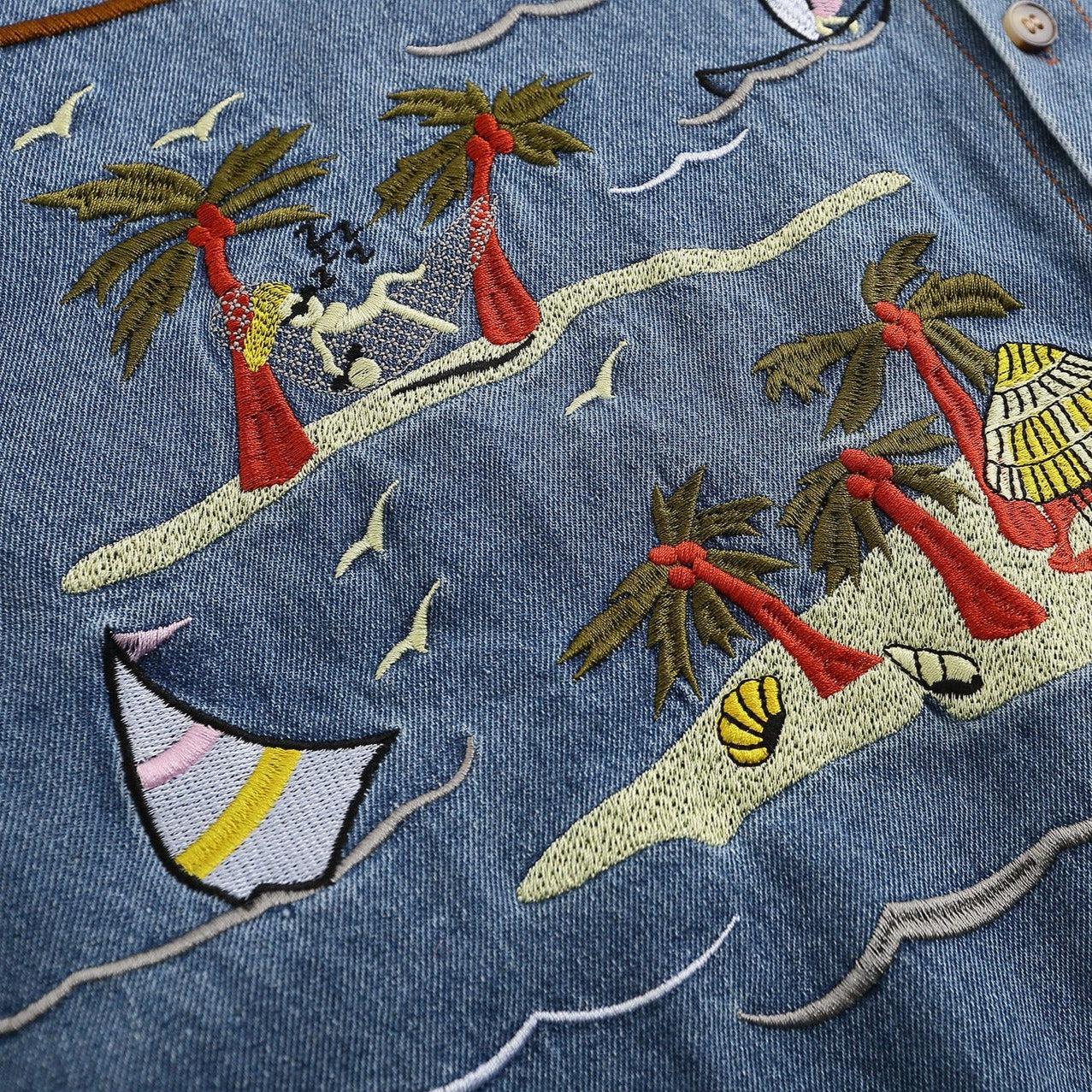 Palm tree embroidered retro denim short sleeve shirt