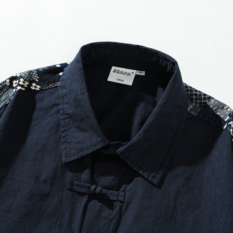 Chinese button long sleeve shirt with vintage patch pattern on the back