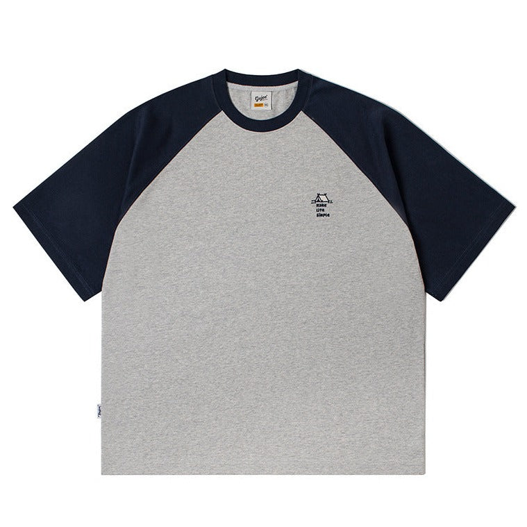 Color-coordinated embroidered raglan sleeve short-sleeved T-shirt