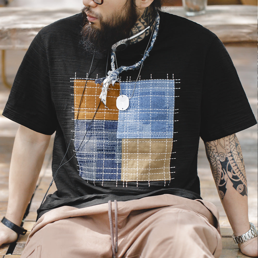 Irregular patchwork cotton tee with sashiko stitching