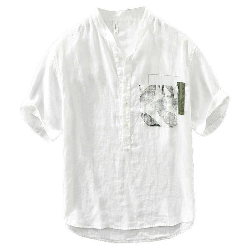 Color-coordinated stand-collar linen shirt