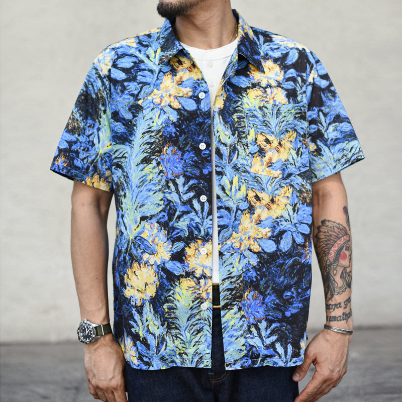 HAWAII ALOHA "Phantom Blue Flowers" Oil Painting Aloha Shirt