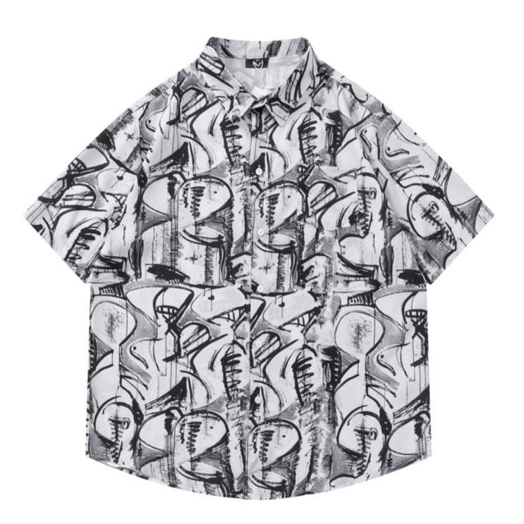 Black and white graffiti print short-sleeved shirt