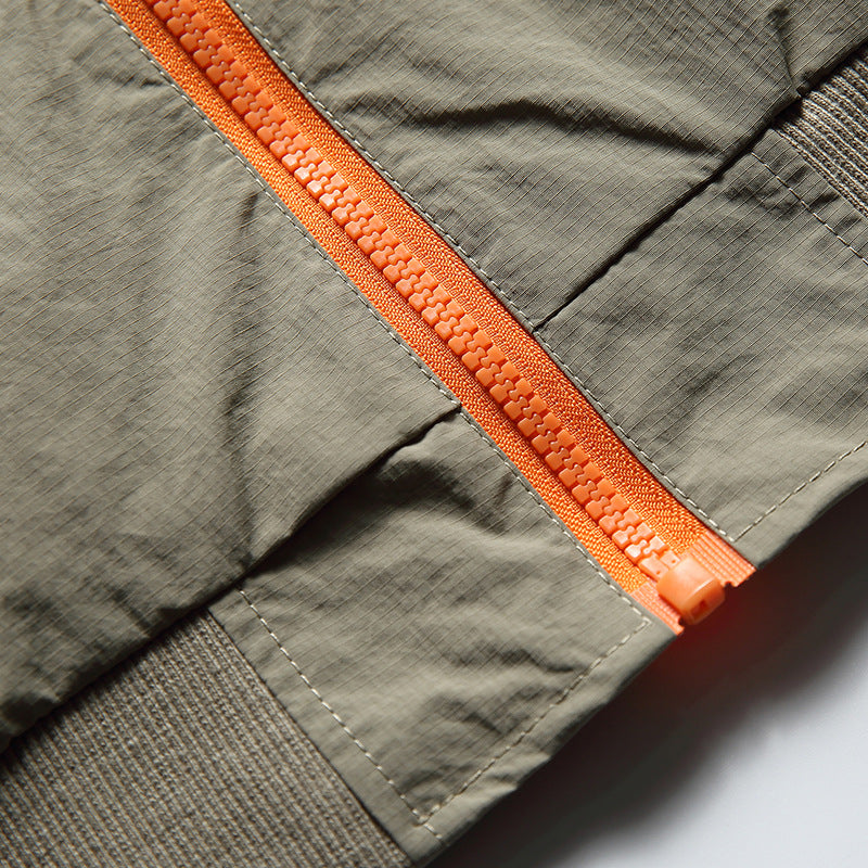 Color-coordinated zip-up checkered fabric flight jacket