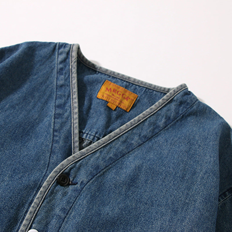 Color-coordinated button collarless denim jacket