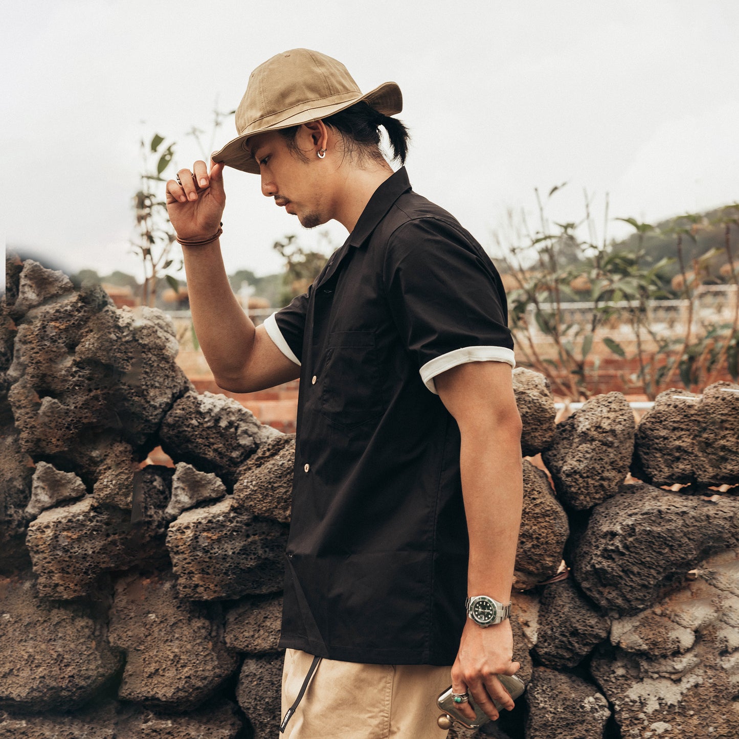 Solid Cuban collar print short sleeve shirt