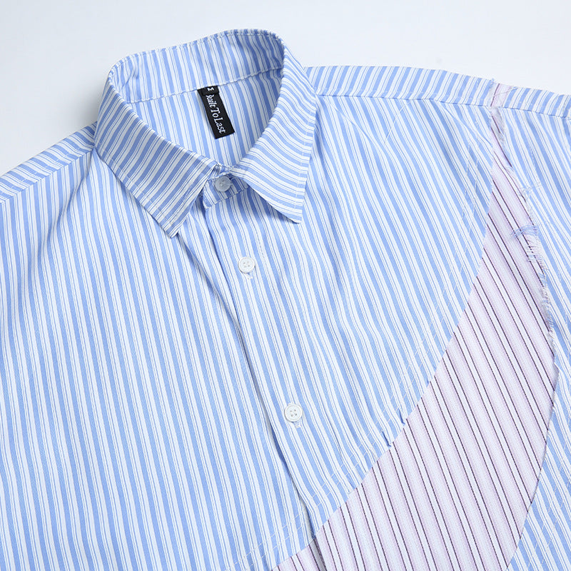 Reconstructed color-coordinated striped short-sleeved shirt