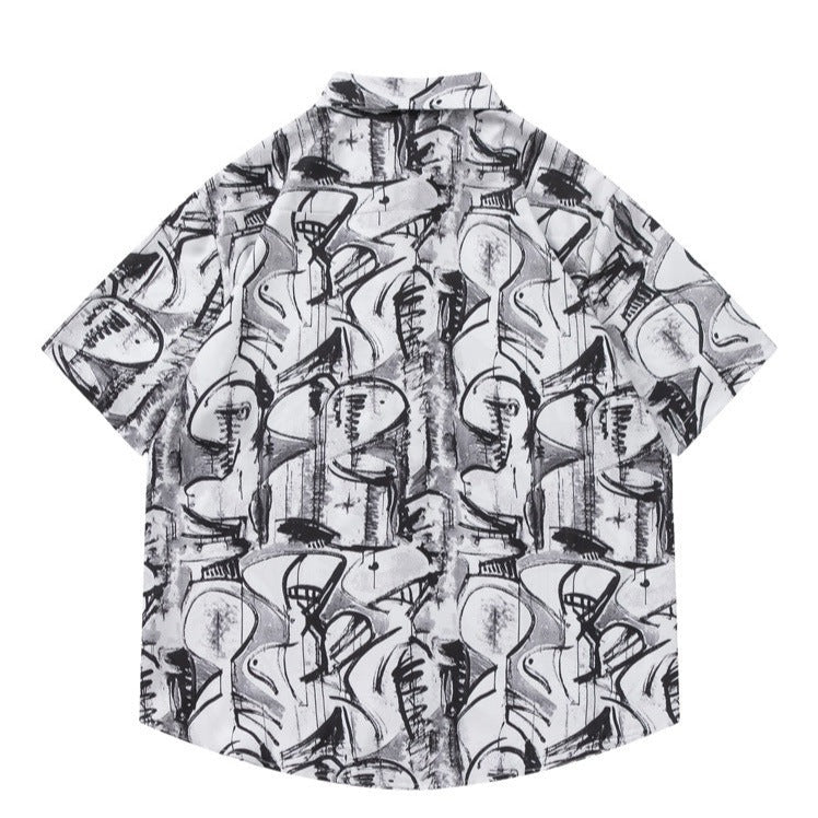 Black and white graffiti print short-sleeved shirt