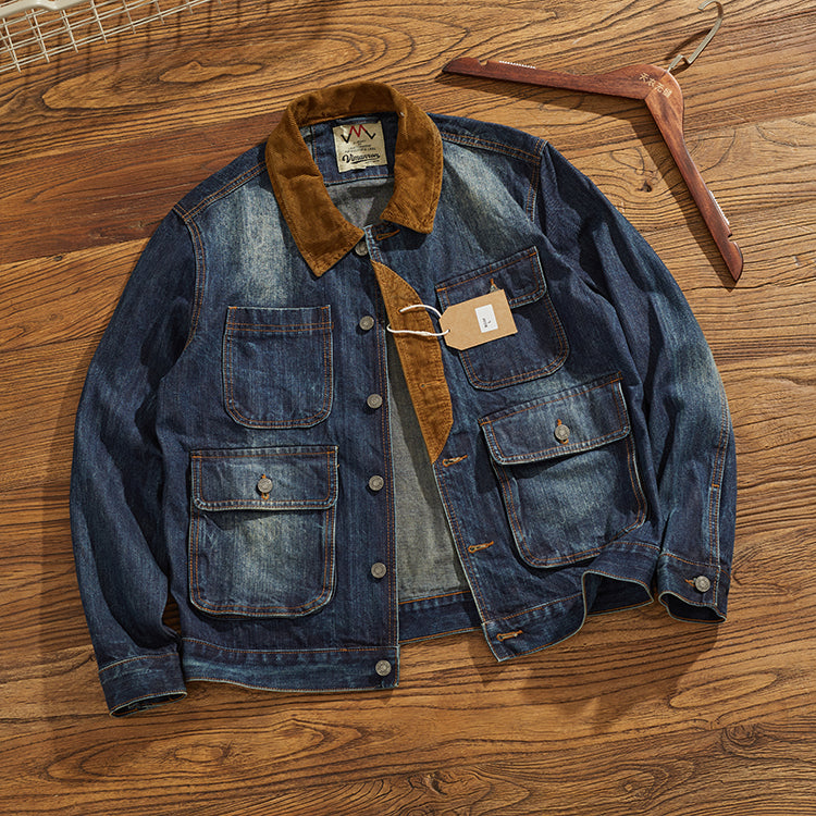 Corduroy-trimmed washed denim jacket