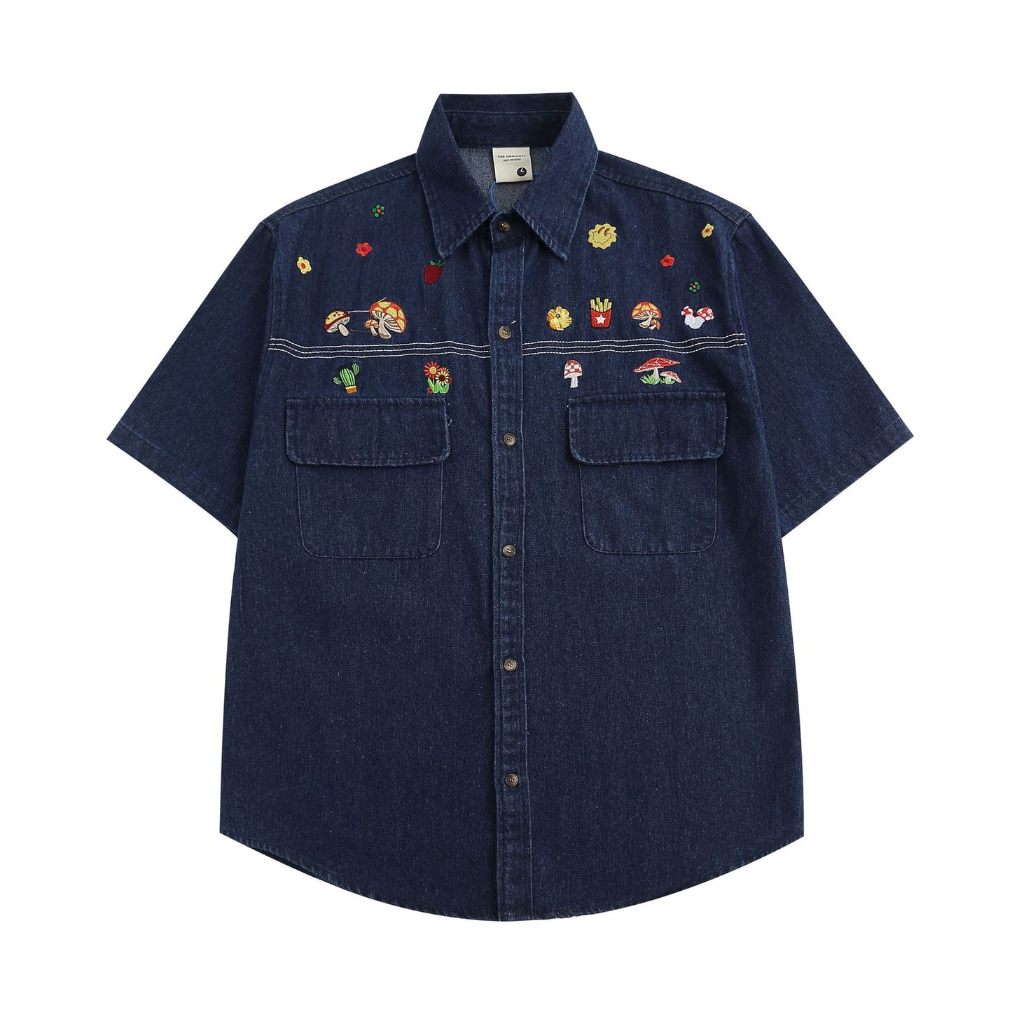 Distressed wash embroidered retro denim short sleeve shirt
