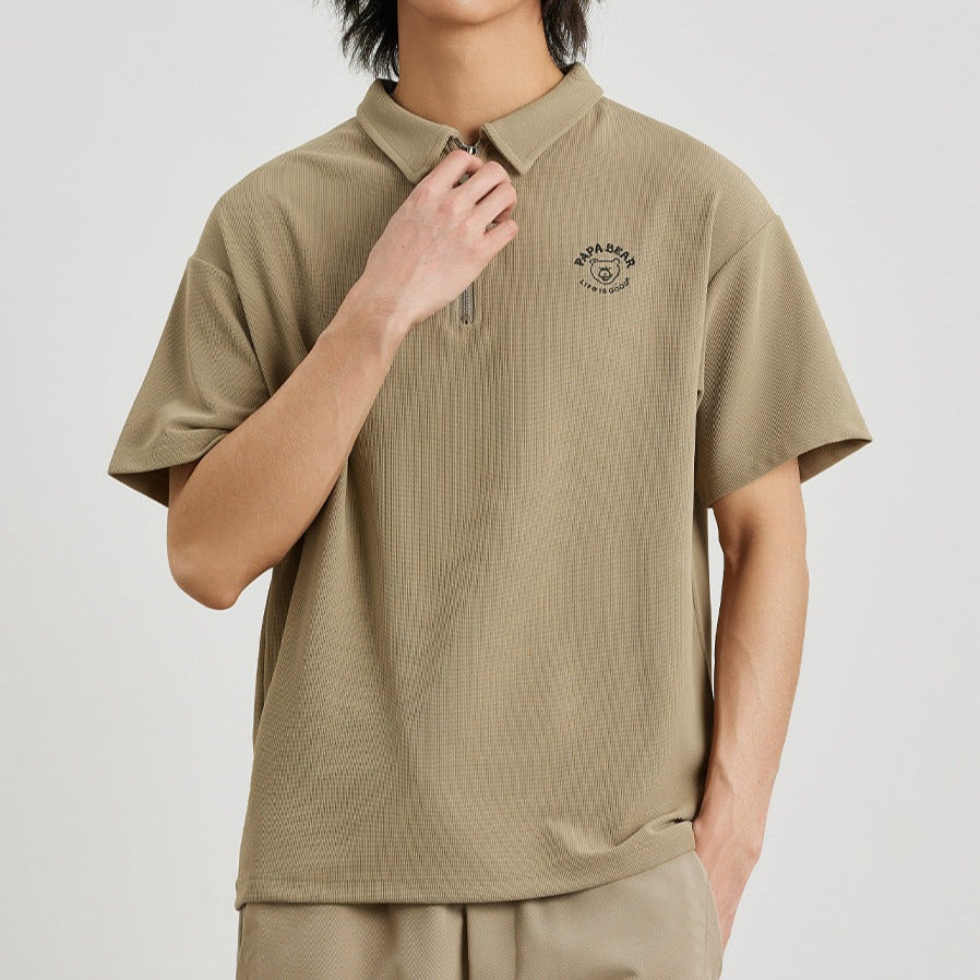 Embroidered Zipper Classic Polo Shirt