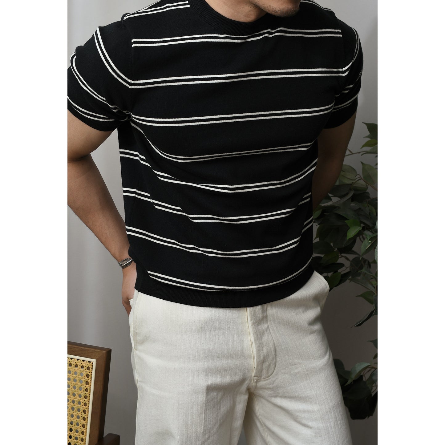 Classic horizontal striped high-quality knit T-shirt for commuting