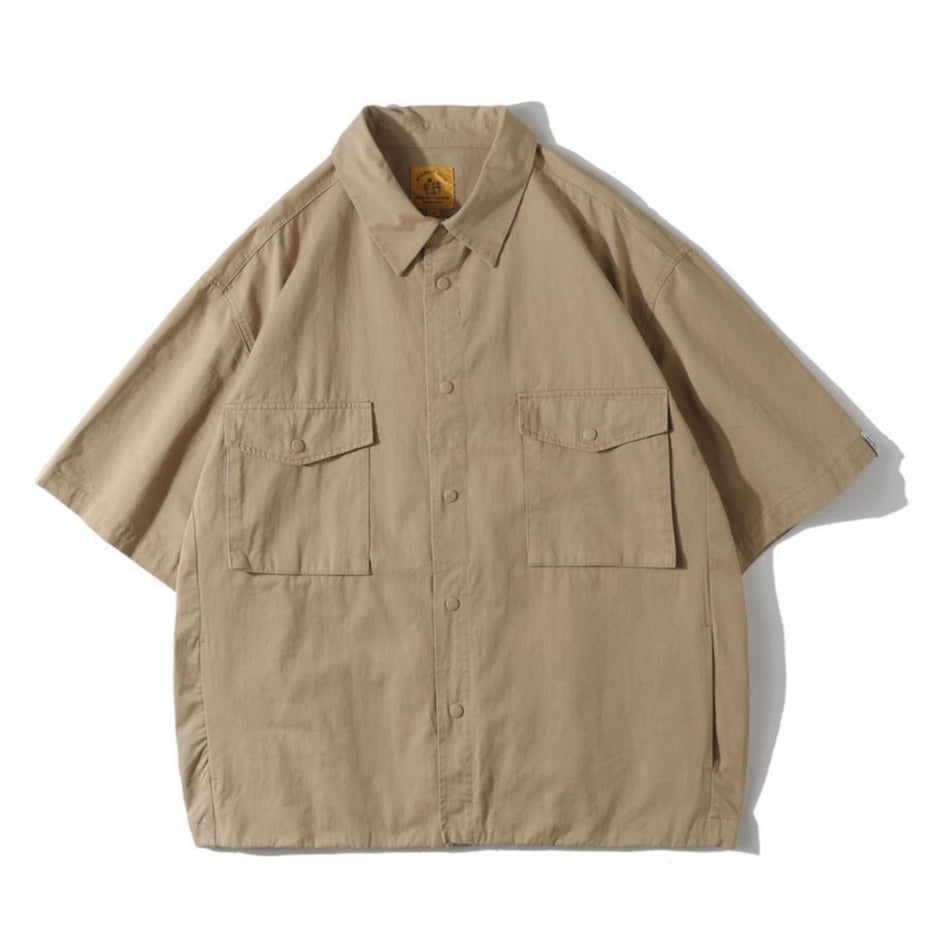 Retro plain large pocket work short sleeve shirt