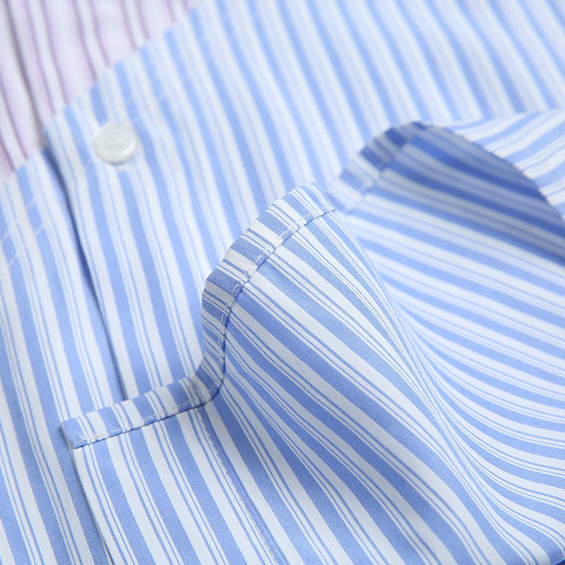 Reconstructed color-coordinated striped short-sleeved shirt