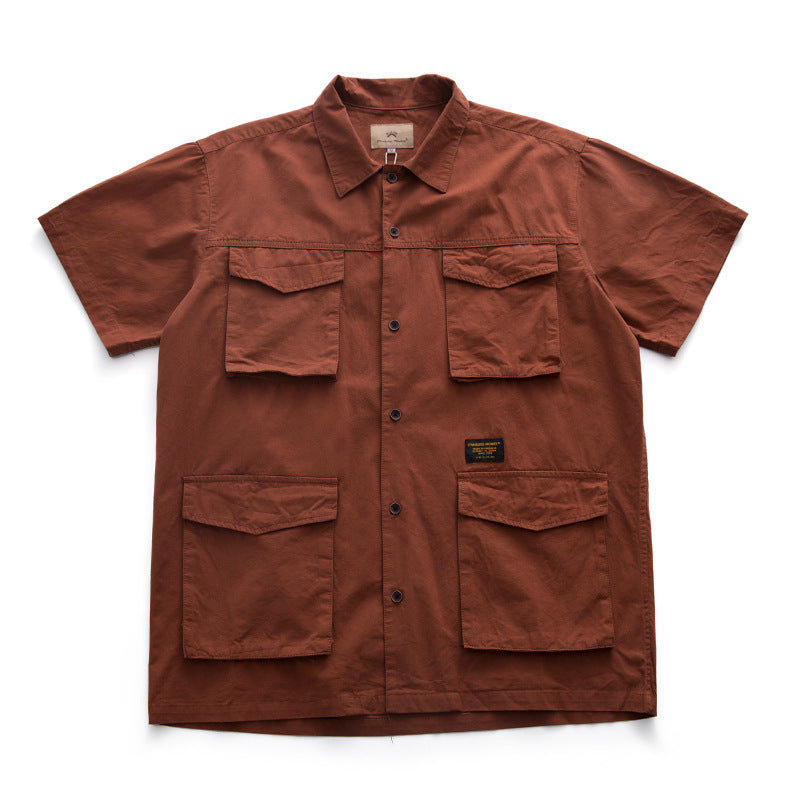 Multi-pocket plain work short-sleeved shirt
