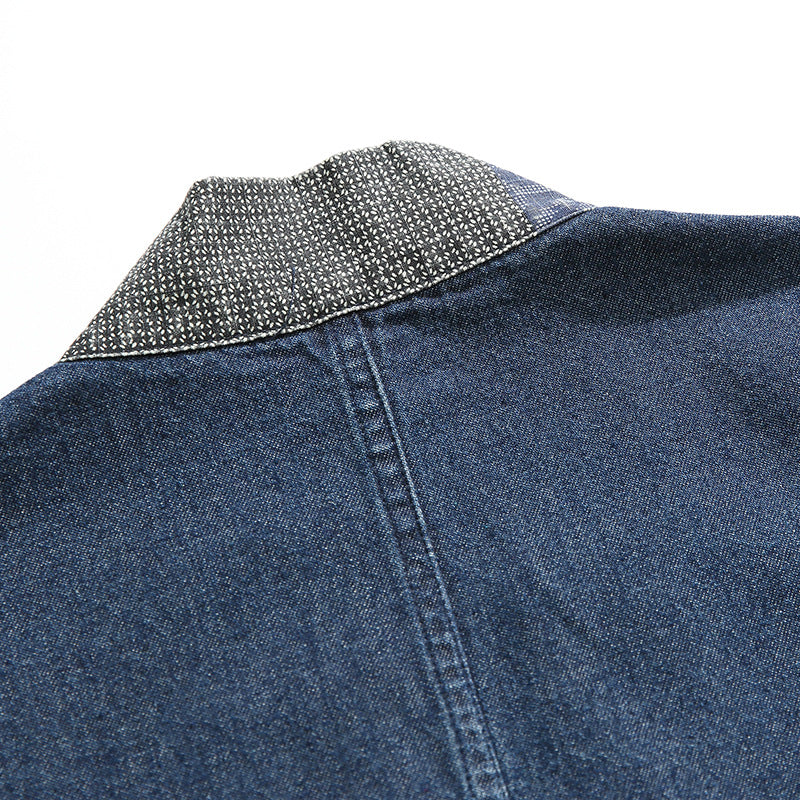 Plain washed denim collarless jacket