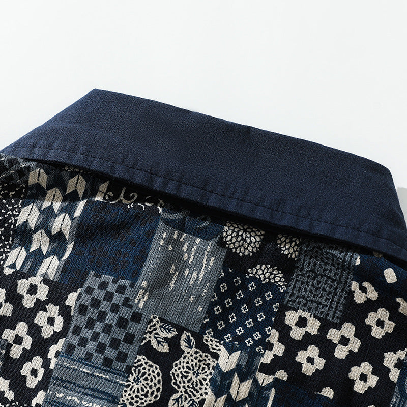 Chinese button long sleeve shirt with vintage patch pattern on the back