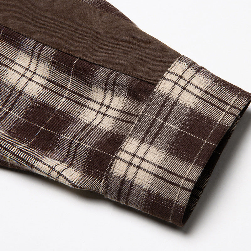 Check and plain long-sleeved shirt