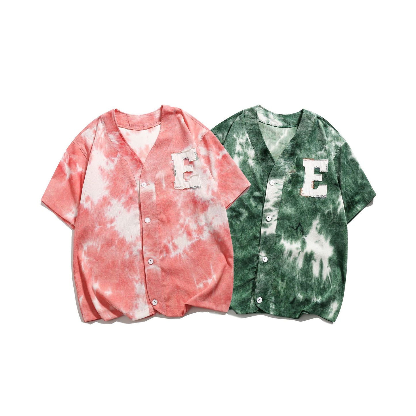 Hawaiian print tie-dye collarless short-sleeved shirt
