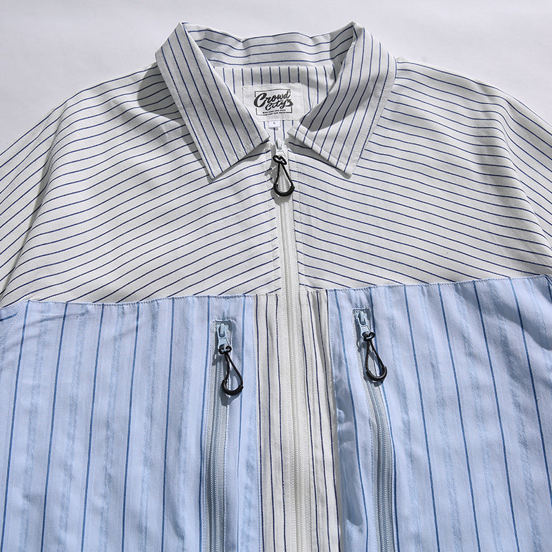 3D pocket 2-way striped pattern zip shirt