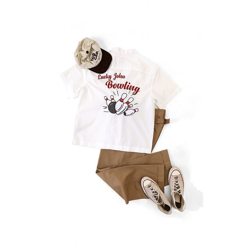 Chain Retro Embroidered Bowling Short Sleeve Open Collar Shirt