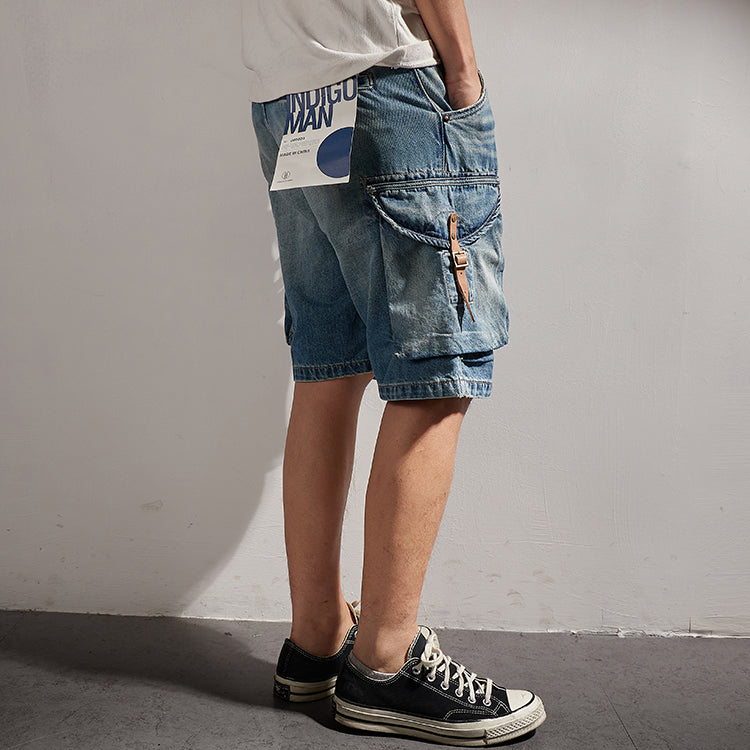 1970s washed denim shorts with leather buckle