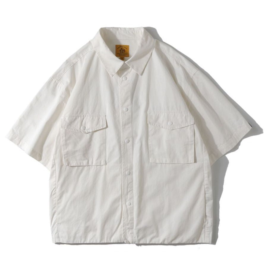 Retro plain large pocket work short sleeve shirt