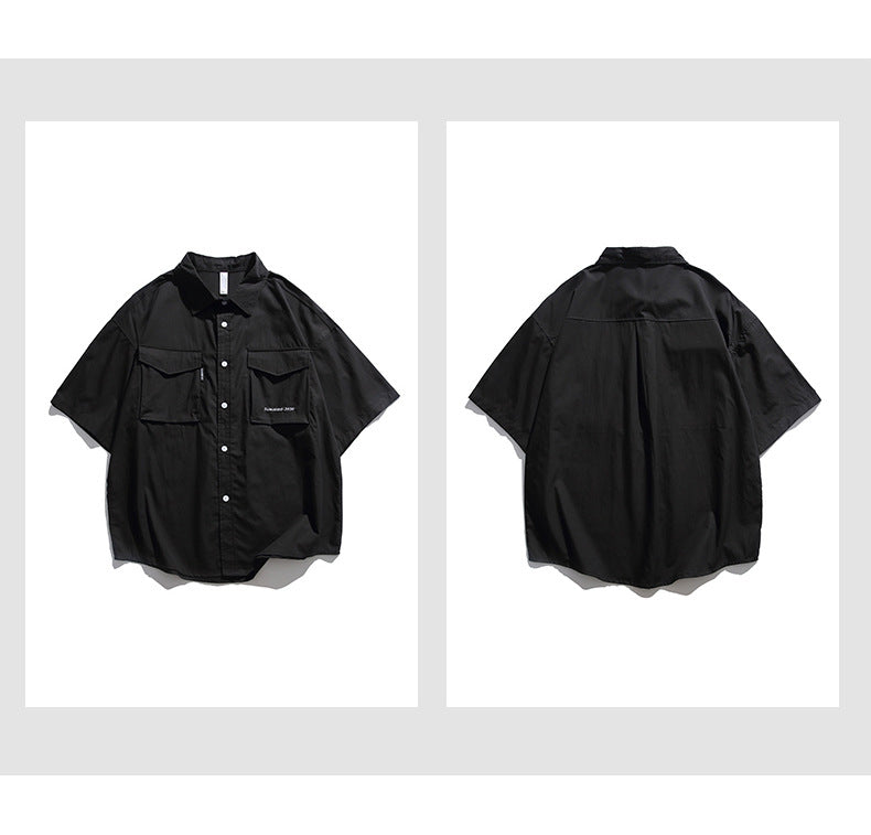 Retro functional large pocket plain work short sleeve shirt
