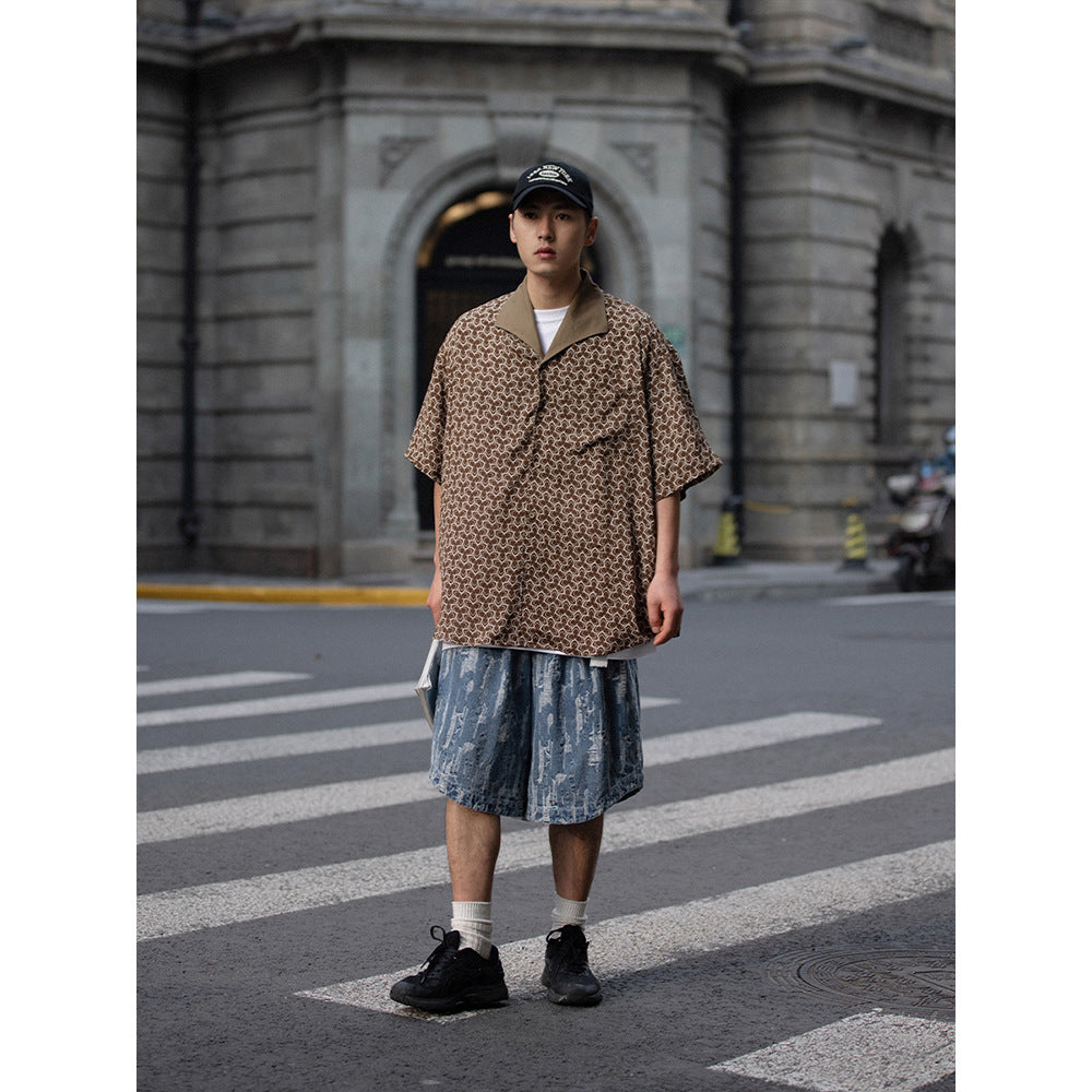 Geometric print draped short sleeve shirt