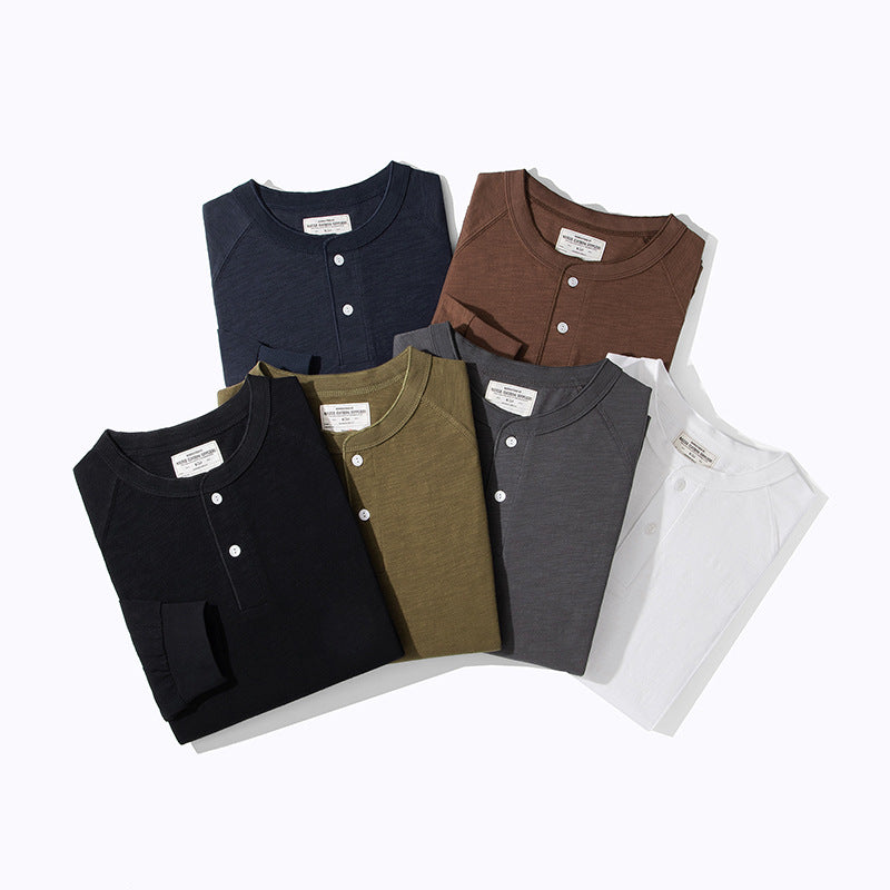 Available in various colors, this slub fabric henley raglan T-shirt