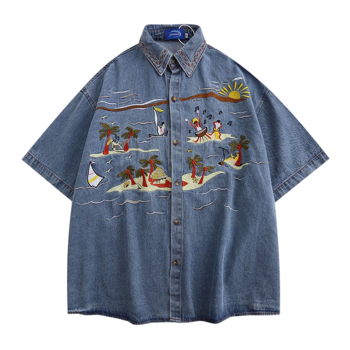 Palm tree embroidered retro denim short sleeve shirt