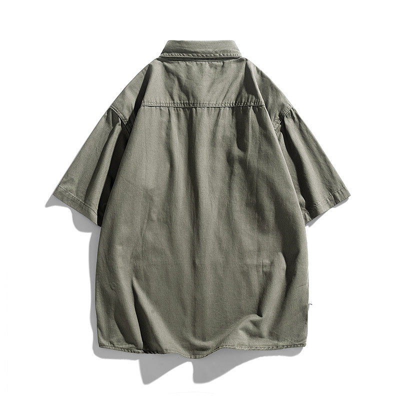 Retro plain large pocket work short sleeve shirt