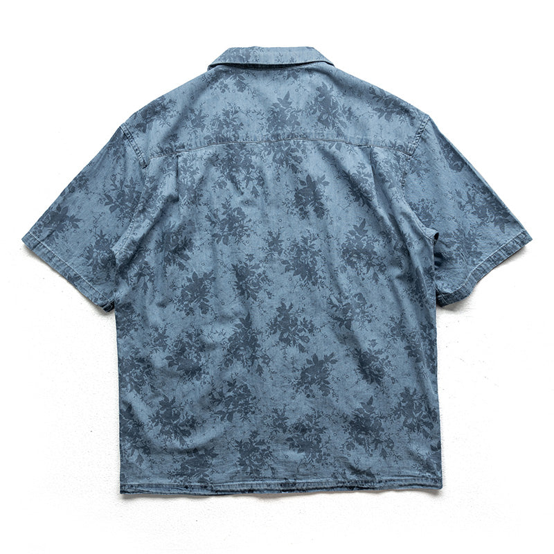 Denim blue all-over print short-sleeved shirt