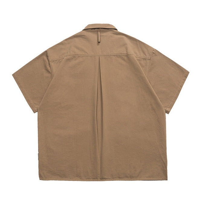 Plain multi-pocket work short-sleeved shirt