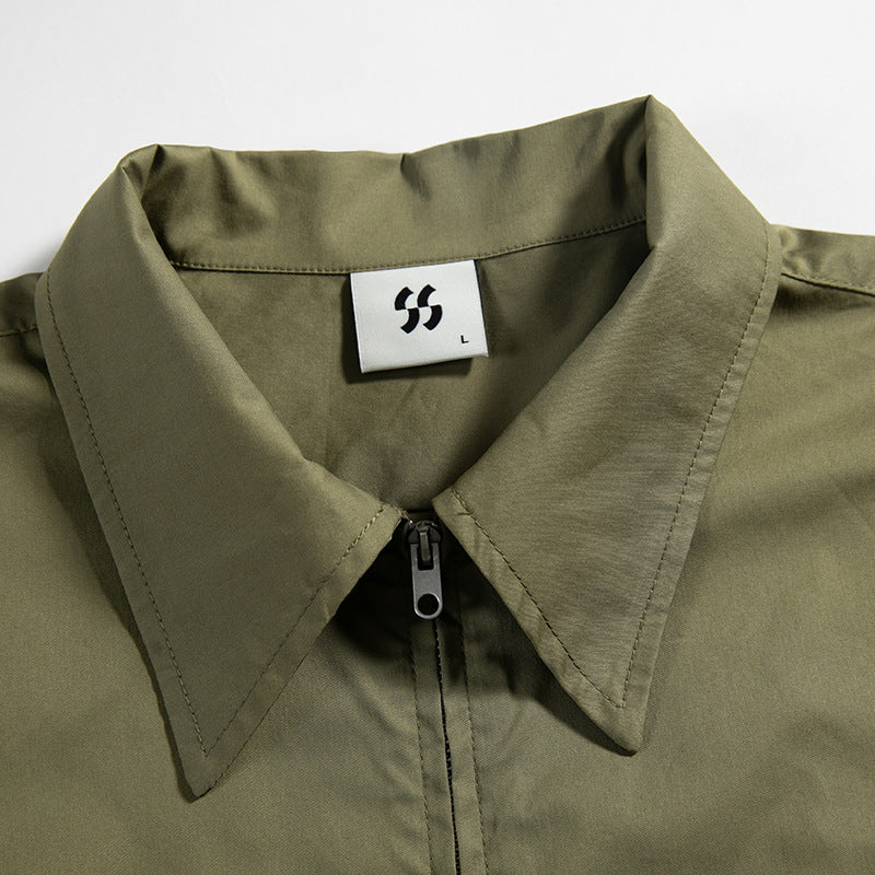 Retro Zipper Solid Work Short Sleeve Shirt