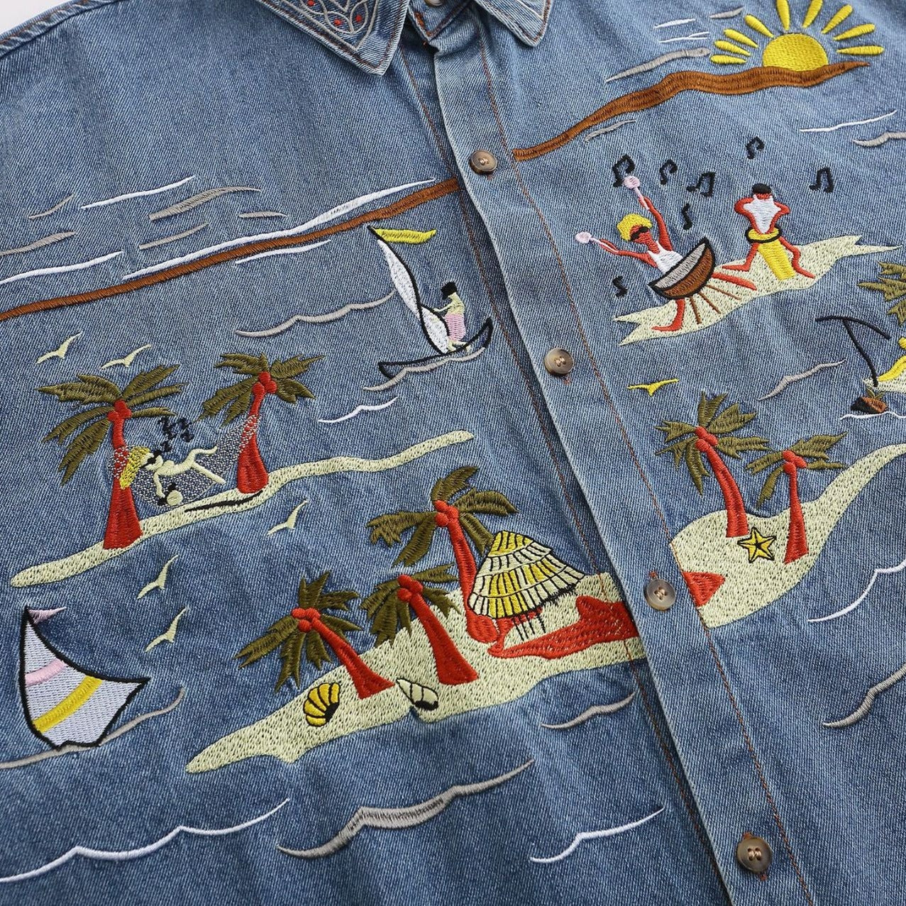 Palm tree embroidered retro denim short sleeve shirt