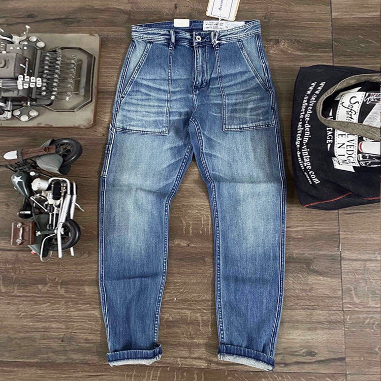 Whiskered and washed patch pocket denim pants