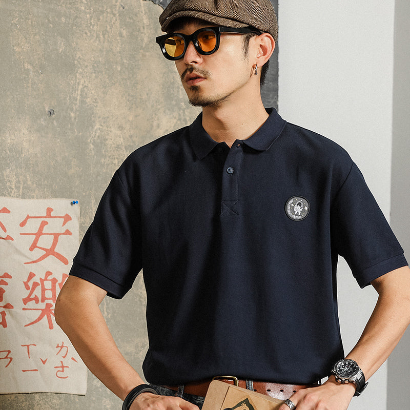 Retro British style plain folded neck polo shirt