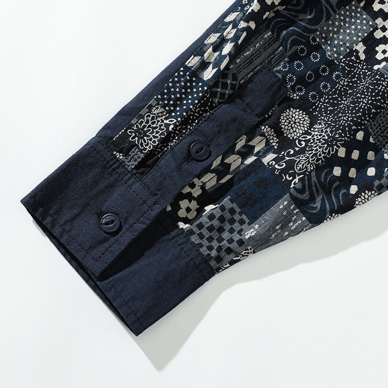 Chinese button long sleeve shirt with vintage patch pattern on the back