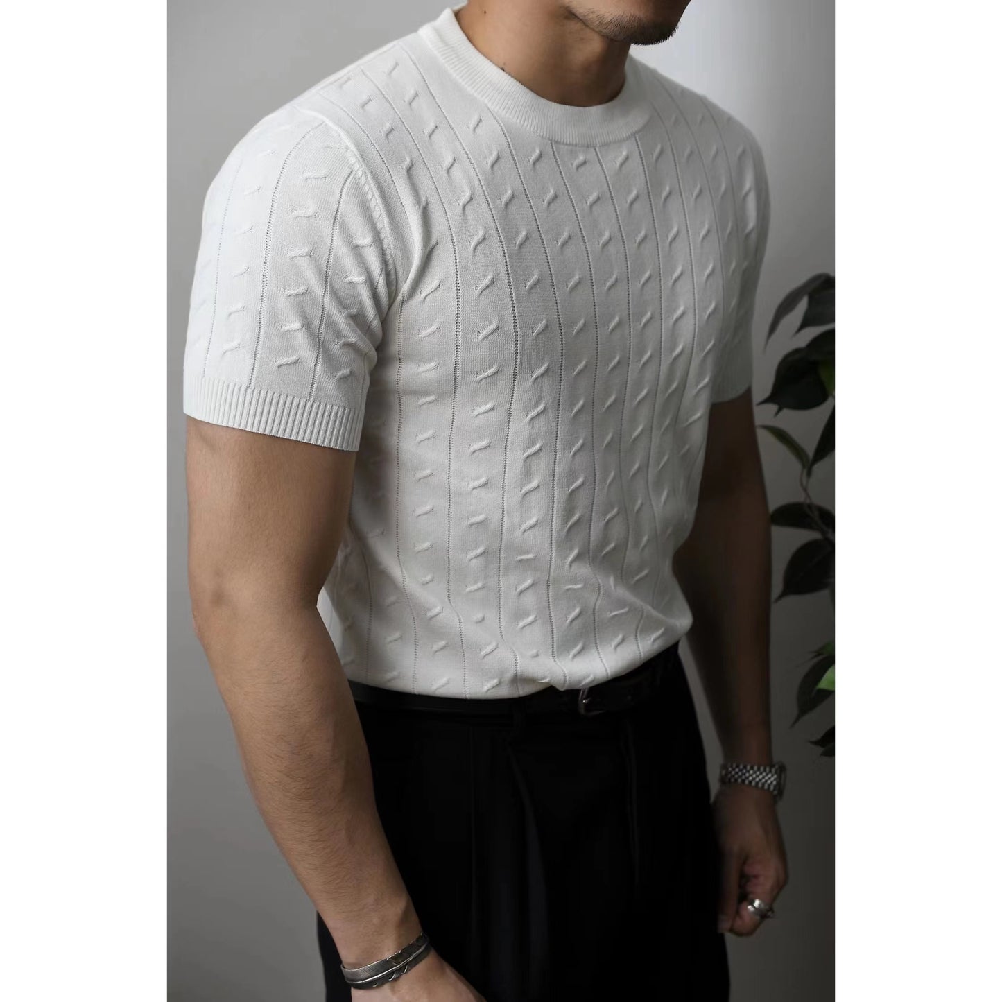 Slim American retro knit short sleeve T-shirt