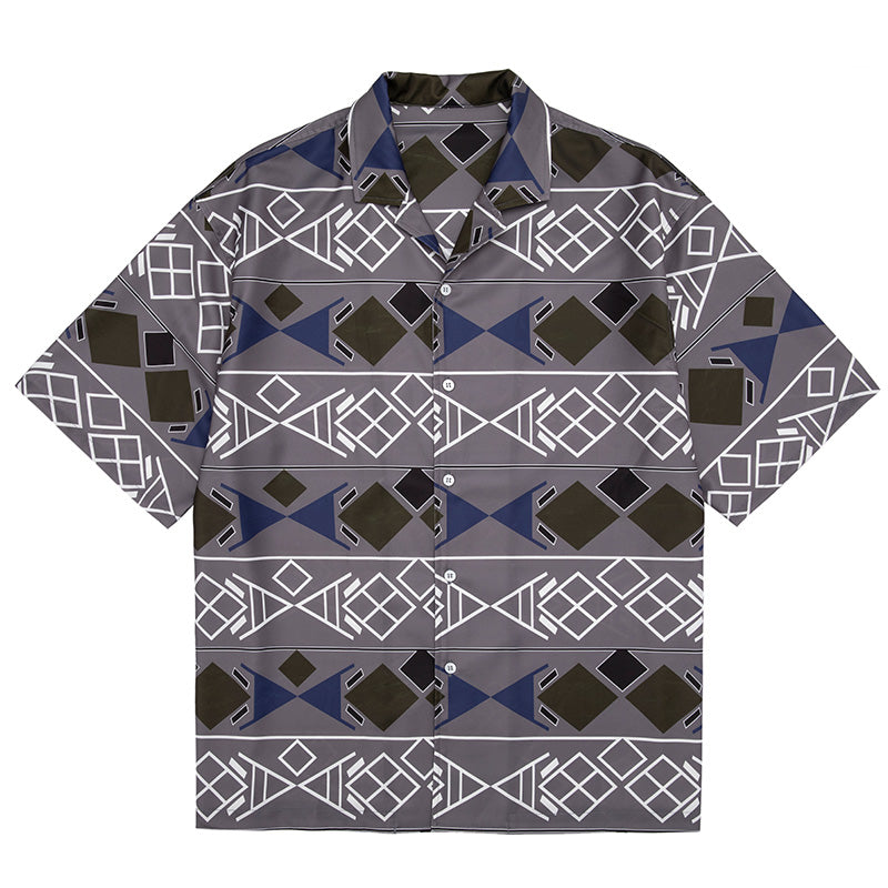 Ethnic-style all-over print Cuban collar short-sleeved shirt