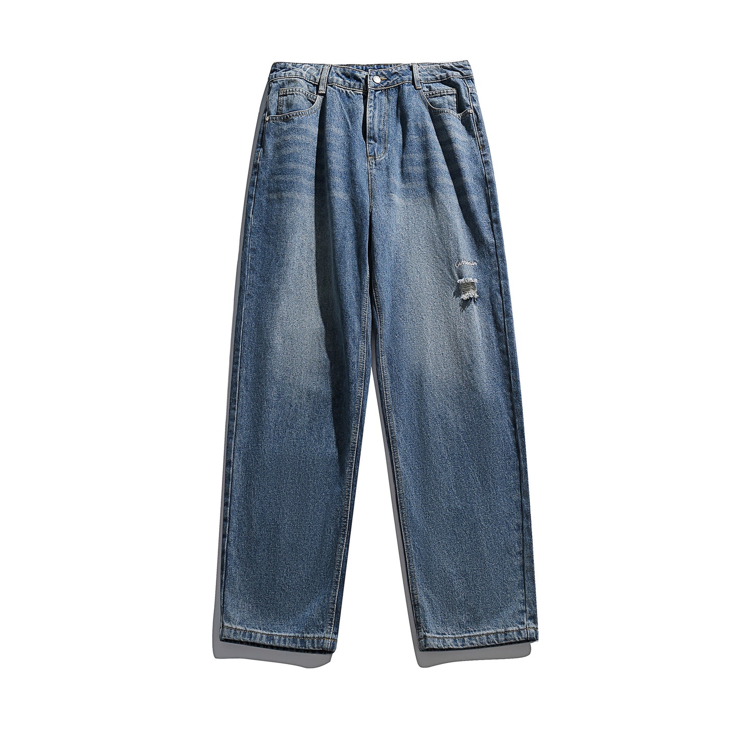 Distressed straight denim pants