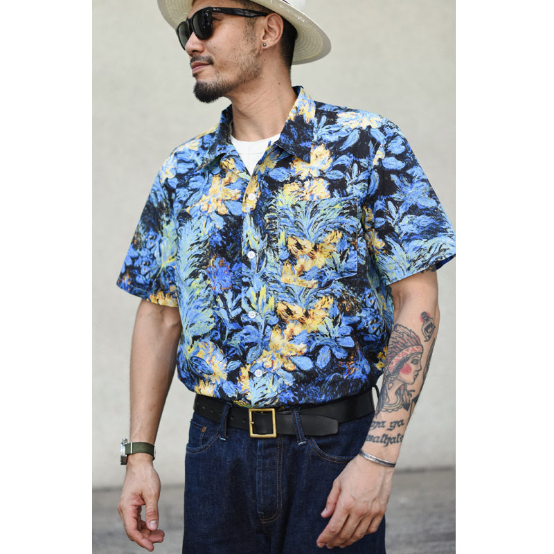 HAWAII ALOHA "Phantom Blue Flowers" Oil Painting Aloha Shirt