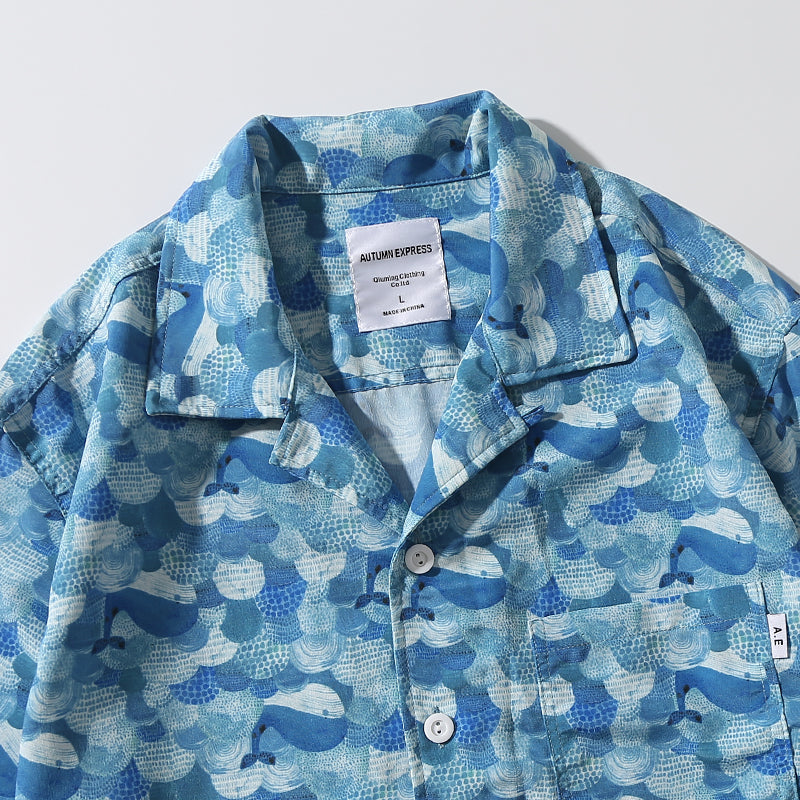 Hawaiian Ocean Wave Whale Print Aloha Shirt