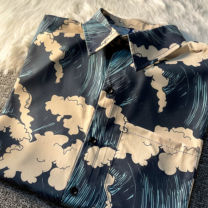 Retro "Wave" All-Over Print Aloha Shirt, Short Sleeve