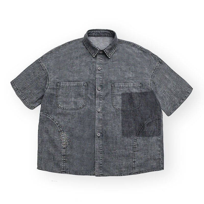 Distressed Wash Retro Denim Short Sleeve Shirt